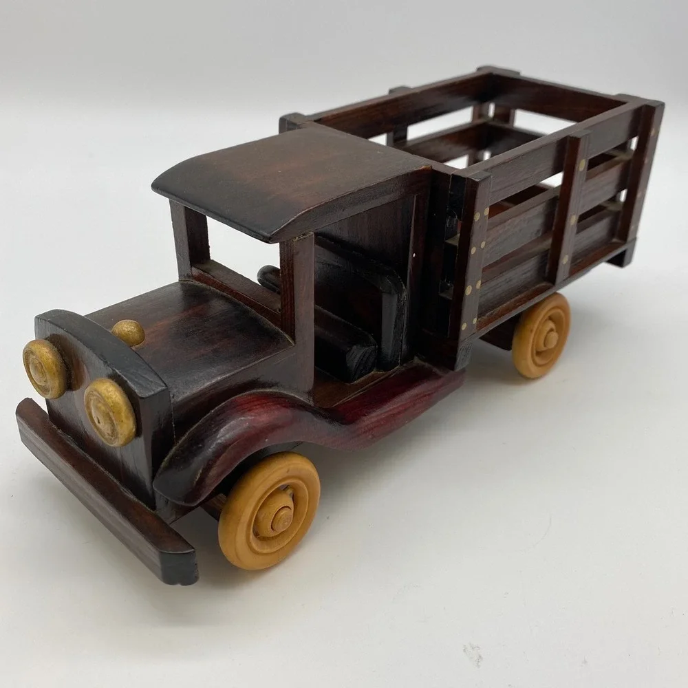 Handmade Wooden Stake Bed Truck Model Vintage Style Brown Collectible Decor Read